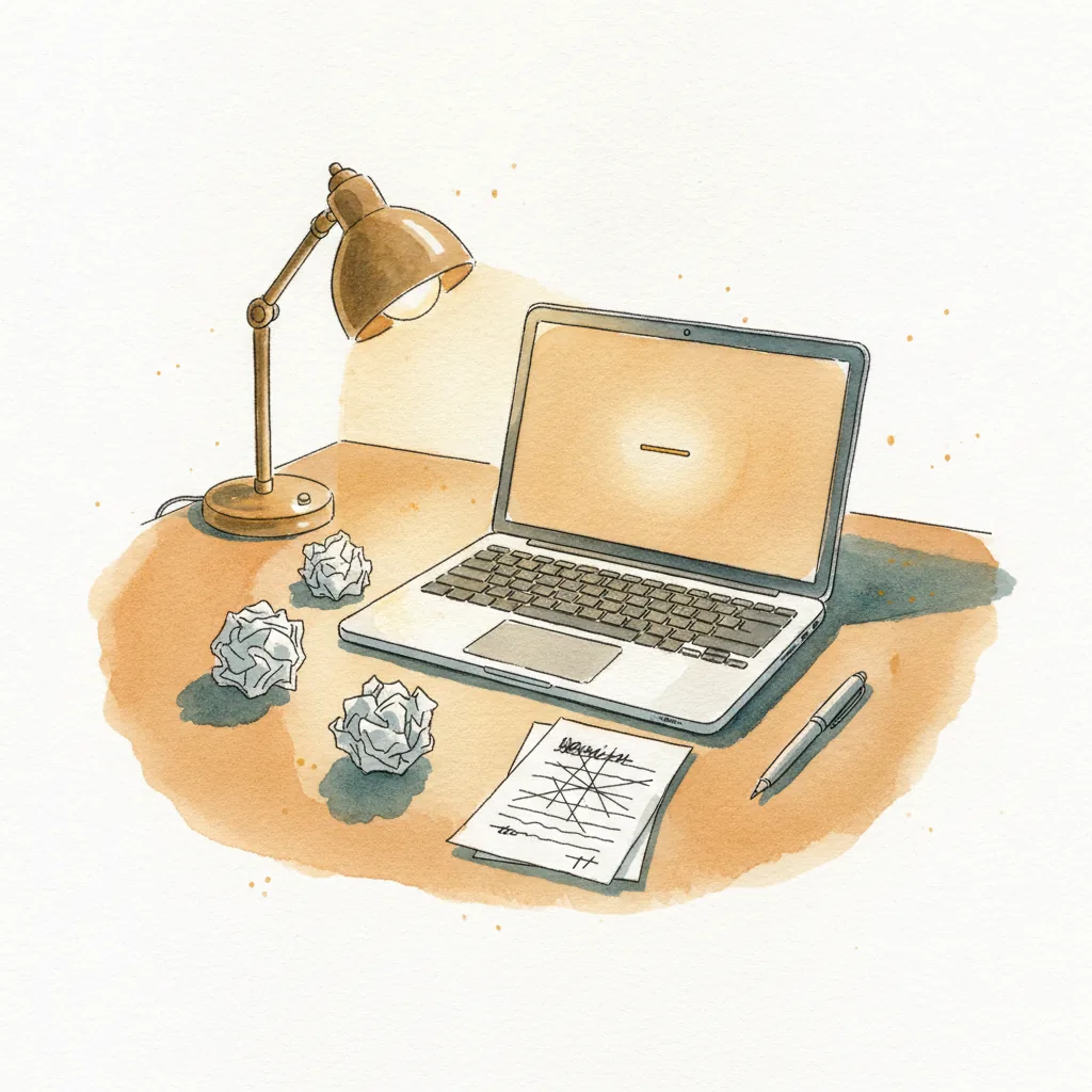 Watercolor illustration of a brass desk lamp glowing over an open laptop with a blank screen, crumpled drafts and a scratched-out page on the desk