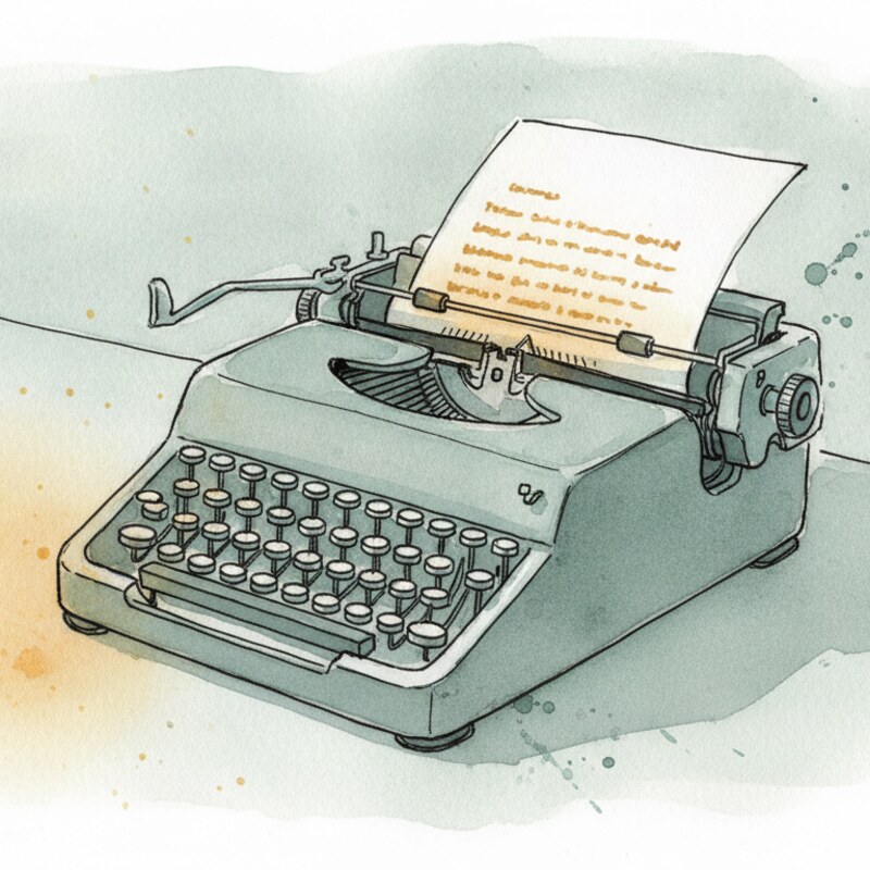 Watercolor illustration of a typewriter with a sheet of paper